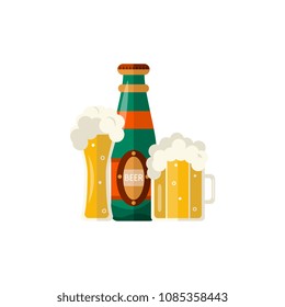 Full mug of golden lager cool beer thick white foam and water drops and glass bottle. Alcohol drink element. Vector flat isolated illustration on a white background.