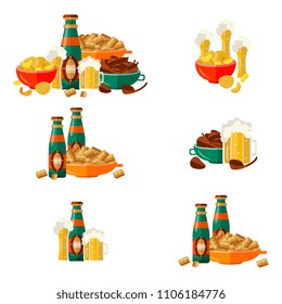 Full mug of golden lager cool beer thick white foam and water drops, glass bottle, chips, crispy rusks, grilled meat steak. Alcohol drink and snacks set. Vector flat isolated illustration