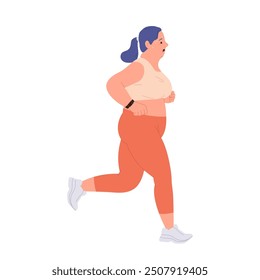 Full obese woman isolated cartoon character running struggling with weight and health problem