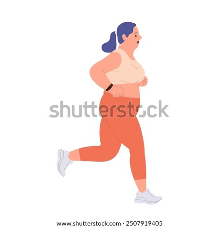 Full obese woman isolated cartoon character running struggling with weight and health problem