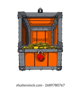 Full Opened Filled by Coins Medieval Chest with Padlock. Vector Illustration.