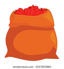 Full orange burlap sack is overflowing with freshly picked red apples