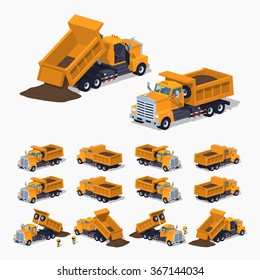 Full orange dumper. 3D lowpoly isometric vector illustration. The set of objects isolated against the white background and shown from different sides