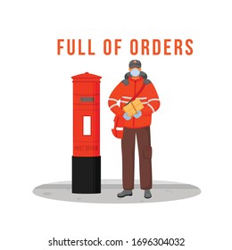 Full of orders flat color vector faceless character. Essential delivery worker with face mask Package contactless delivery isolated cartoon illustration for web graphic design and animation