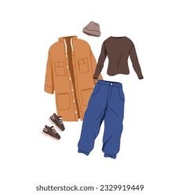 Full outfit set. Casual clothes, apparel. Jacket, pants, sneakers, hat and long-sleeve. Modern trendy look with sport shoes and trousers. Flat vector illustration isolated on white background