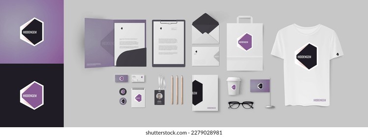 Full pack of corporate branding with geometrical minimal logo and stationery set of folder, personal card, envelope, notepad. Modern dark color style with violet and black