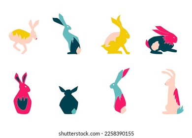 The full pack of easter rabbits in folk style. Eight colofrul bunnies. Jumping, running, sitting, standing and lying bunnies. 