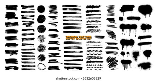 Full pack grunge textures of different types - spray graffiti, stencil lines, brush strokes, ink splashes, paint splatter. Grunge textures, great elaboration, high detail. Isolated vector graphic box