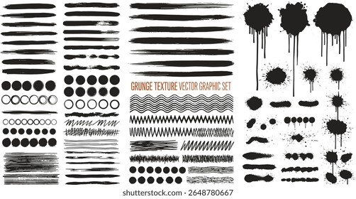 Full pack grunge textures of different types - spray graffiti, stencil lines, brush strokes, ink splashes, paint splatter. Grunge textures, great elaboration, high detail. Isolated vector graphic box