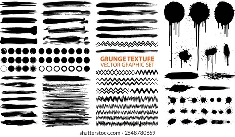 Full pack grunge textures of different types - spray graffiti, stencil lines, brush strokes, ink splashes, paint splatter. Grunge textures, great elaboration, high detail. Isolated vector graphic box