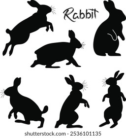 Full pack of sitting, running and jumping rabbit silhouettes, Full collection of cute rabbit silhouettes	