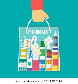 Full package of medicines and vitamins. Purchase and delivery of goods from pharmacy the concept of pharmaceutical business and purchase online. flat vector illustration