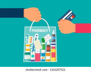 Full package of medicines and vitamins. Purchase and delivery of goods from pharmacy the concept of pharmaceutical business and purchase online. flat vector illustration