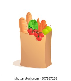 Full paper bag with food. Vector illustration in cartoon style. Groceries. Bread apple and carrot