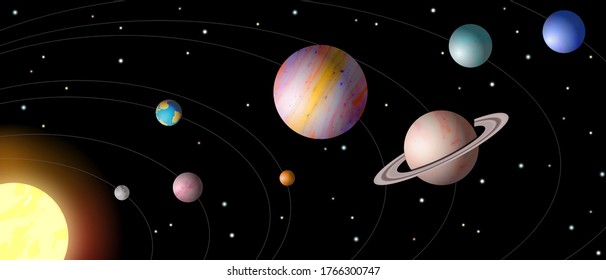 Desfile completo del concepto de planetas. Fenómeno astronómico. El sistema solar en el cielo estrellado. Planetas y el sol en el espacio, vector.