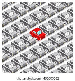 Full parking lot with monotone gray cars, one red car standing out (isometric illustration)
