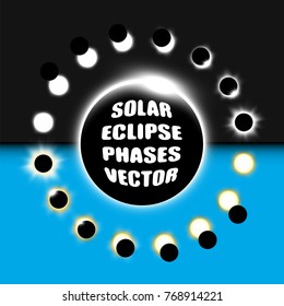 Full and partial solar eclipse vector design elements set. Monochrome and colorful set of sun eclipse phases. Rare, beautiful astronomical phenomenon isolated illustrations.