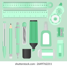 Full pastel stationery set in green theme with pencils, pens, erasers, correction tape, rulers, and sharpeners.