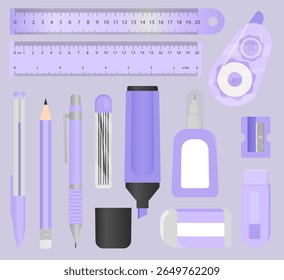 Full pastel stationery set in purple theme with pencils, pens, erasers, correction tape, rulers, and sharpeners.