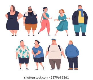 Full People Character with Plump Body Standing and Smiling Vector Set