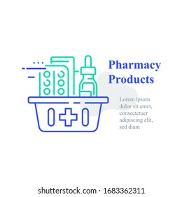 Full Pharmacy Basket, Order Medical Product, Purchase Delivery, Vector Line Icon