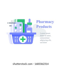 Full Pharmacy Basket, Order Medical Product, Purchase Delivery, Vector Icon, Flat Illustration