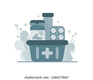 Full pharmacy basket, order medical product, purchase delivery. Vector illustration, concept and graphic design.