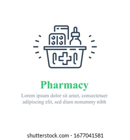 Full Pharmacy Basket, Purchase Medical Product, Purchase Delivery, Vector Line Icon