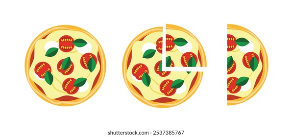 Full Pizza Margherita and Slices. Eating and preparing Italian food vector art