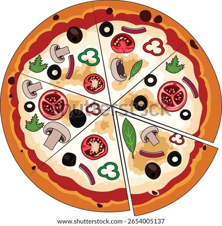 Full Pizza With Slice Fast Food Top View Vector