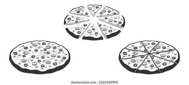 full pizza and slice icon set vector illustration isolated on white background