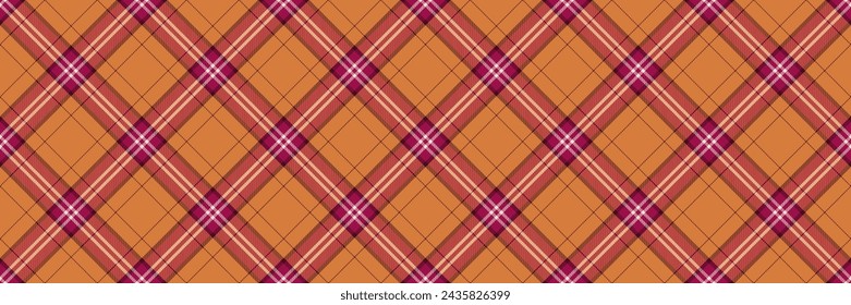 Fondo de cuadros a cuadros completos, vector de tartán sin costuras de azulejos. Tejido de textura de tira en color naranja y rosa.