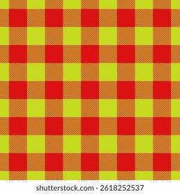 Fundo de tecido totalmente xadrez, funky padrão de verificação sem costura. Tecido de vetor tartan de textura de etnia em calcário e vermelho paleta de cores.