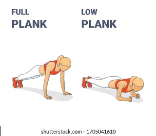 Full Plank and Elbow Plank Girl Workout Exercises Concept.