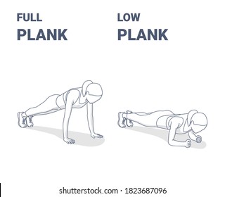 Full Plank and Elbow Plank Home Workout Exercises Girl Silhouette Illustration. Concept of Female Working at Home on Her Abs, a Young Woman in Sportswear Top, Sneakers, Leggings Doing Plank Variations