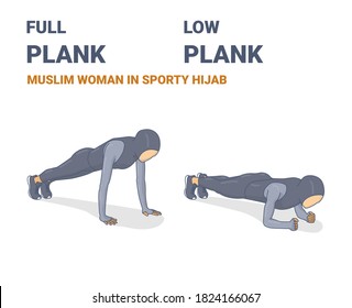 Full Plank and Elbow Plank Home Workout Exercises Muslim Woman Illustration. Concept of Female Working at Home on Her Abs, a Young Woman in Sporty Hijab, Sneakers, Leggings Doing Plank Variations