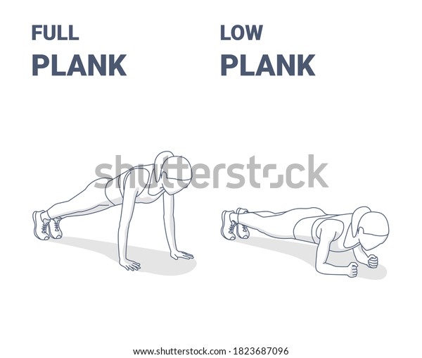 Full Plank and Elbow Plank Home Workout\
Exercises Girl Silhouette Illustration. Concept of Female Working\
at Home on Her Abs, a Young Woman in Sportswear Top, Sneakers,\
Leggings Doing Plank\
Variations