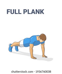 Full Plank Male Home Workout Exercise Guidance Illustration. Colorful Concept of Man Working at Home on His Abs, Triceps, and Core. Young Man in Sportswear and Sneakers Standing in High Plank Position