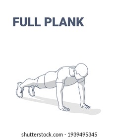 Full Plank Male Home Workout Exercise Guidance Illustration. Outline Concept of Man Working at Home on His Abs, Triceps, and Core. Young Man in Sportswear and Sneakers Standing in High Plank Position