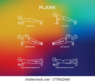 Plana completa, tabla lateral y hombre en plancha codo con elevación de pierna. Iconos de línea delgada. Guía de entrenamiento. Entrenamiento para músculos de la espalda y abdominales. Ilustración vectorial.
