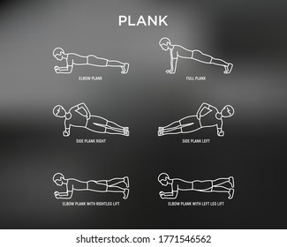 Plana completa, tabla lateral y hombre en plancha codo con elevación de pierna. Iconos de línea delgada. Guía de entrenamiento. Entrenamiento para músculos de la espalda y abdominales. Ilustración vectorial.