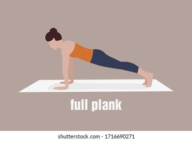 Full Plank Workout Training. Young Woman Planking Exercise Isolated. Plank Workout. Vector Flat Style Illustration