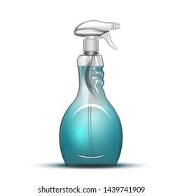 Full Plastic Spray Bottle Cleaning Liquid Vector. Transparent Atomizer Bottle With Chemical Substance For Mirror Cleanser. Refillable Package For Scour Fluid Realistic 3d Illustration