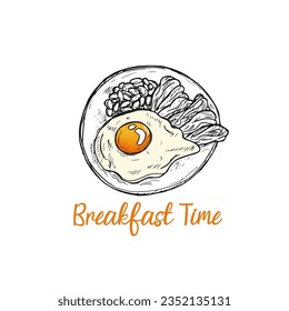 Full plate of food, sunny-side-up egg, bacon, and beans doodle hand-drawn vector