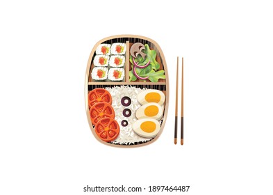 Full Plate meal with Sushi rice egg mushroom chicken Vector illustration isolated on white background