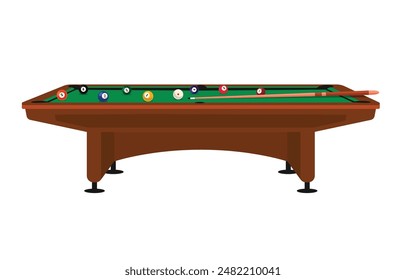 Full pool billiard table with green top, balls, and cue illustration