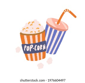 Full popcorn bucket and soda drink cup with straw in retro style. Pop-corn box and beverage. Cinema food concept. Colorful flat vector illustration of movie snacks isolated on white background