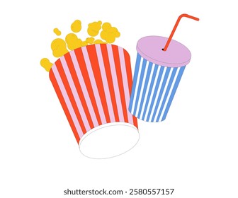 Full popcorn bucket and soda drink cup with straw in retro style. Pop-corn box and beverage. Cinema food concept. Colorful flat vector illustration of movie snacks isolated on white background.