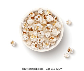 Full Popcorn cup for movies. Flying flakes in a paper bucket container cinema. Realistic movie theater snack food Cinema Snacks Packaging. Top view isolated. Vector illustration