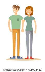 Full portrait of happy couple isolated on white background. Attractive man and woman being playful. Stock flat vector illustration.